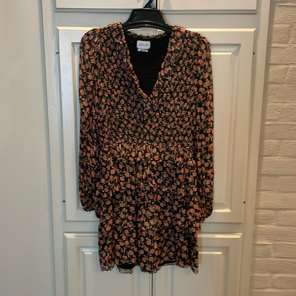 Saylor dress- black with pink flowers, gold stripes-size S